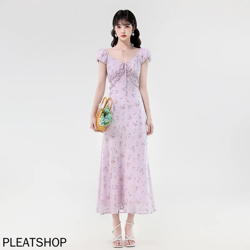 

Real Shot 2025 Summer New French Collar Gentle and Elegant Lace-up Black Earrings Waist-hugging Long Slim Dress