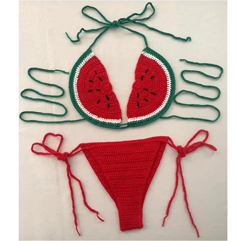 Handgewebter Obst-Badeanzug für Damen, sexy Bikini-Set, Zitrone, Wassermelone, verstellbare Bandage, geteilte Badebekleidung, weiblicher Badeanzug, Strandmode