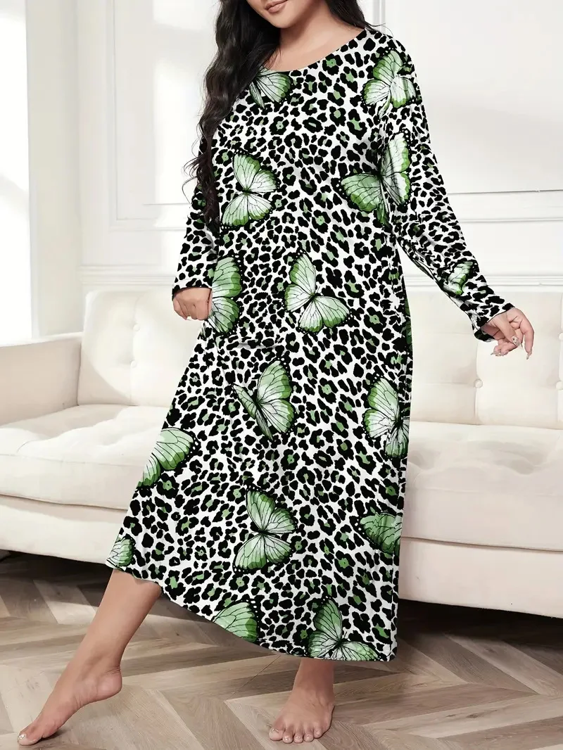 Women\'s 1XL-5XL Plus Size Long sleeved butterfly heart leopard print drop shoulder oversized long sleepwear dress