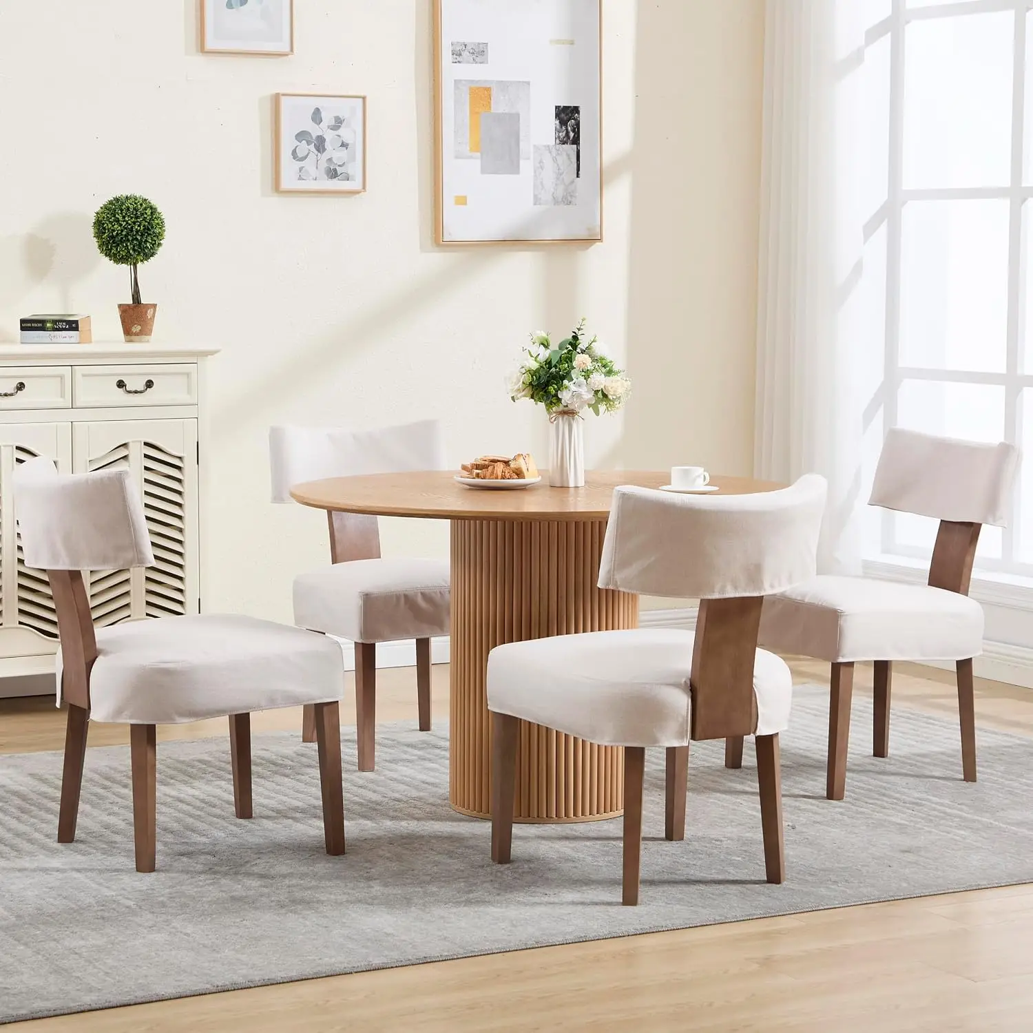 Linen Dining Chair 4pcs with Seat Cover & Wood Legs, Modern Farmhouse Fabric Upholstered Kitchen Side Chair, Beige, Customized