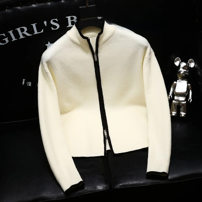 

Модный молодежный вязаный кардиган, мужской облегающий свитер с воротником, в полоску, с длинными рукавами, осенняя верхняя одежда, модный бренд