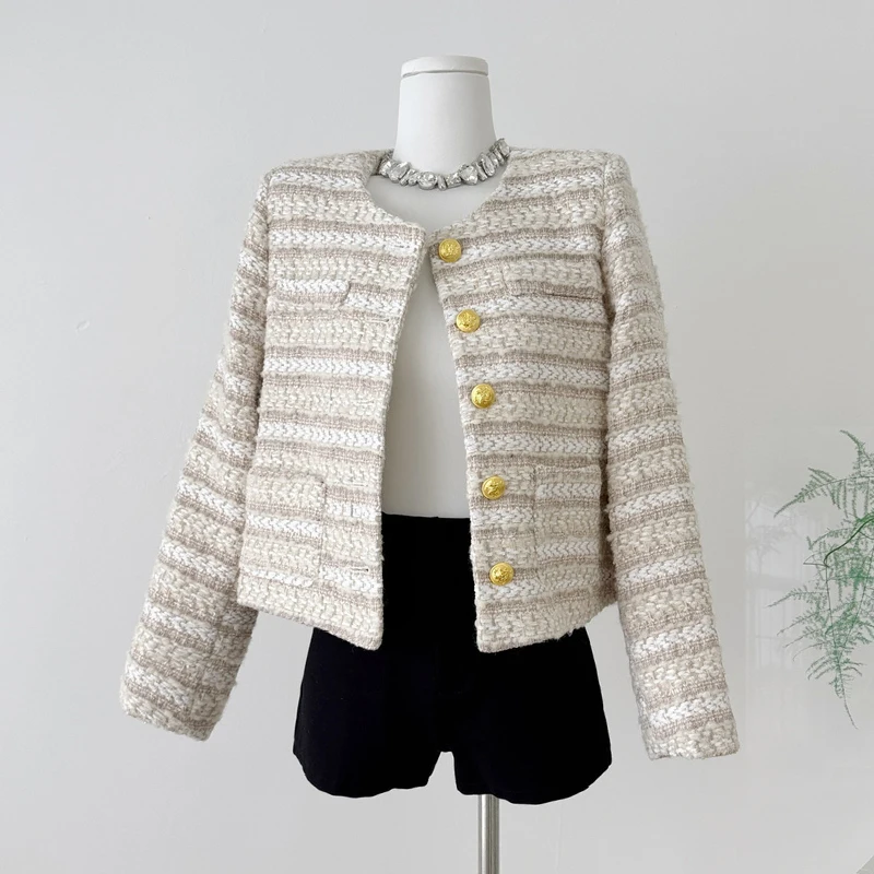 

Korean Elegant Tweed Jacket Loose Fashion O-Neck Jacket Coat Women Autumn Spring OL Office Ladies Overcoat Women 2025 New