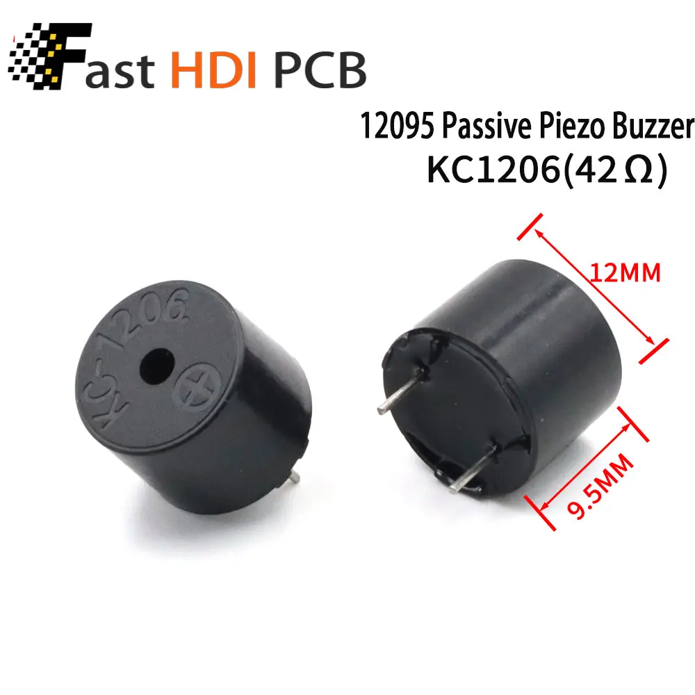 [KC1206/KC1201] 패시브 압전 버저 12x9.5mm - 임피던스 16Ω/42Ω, 핀 피치 6.5mm, 컴팩트 통합 설계