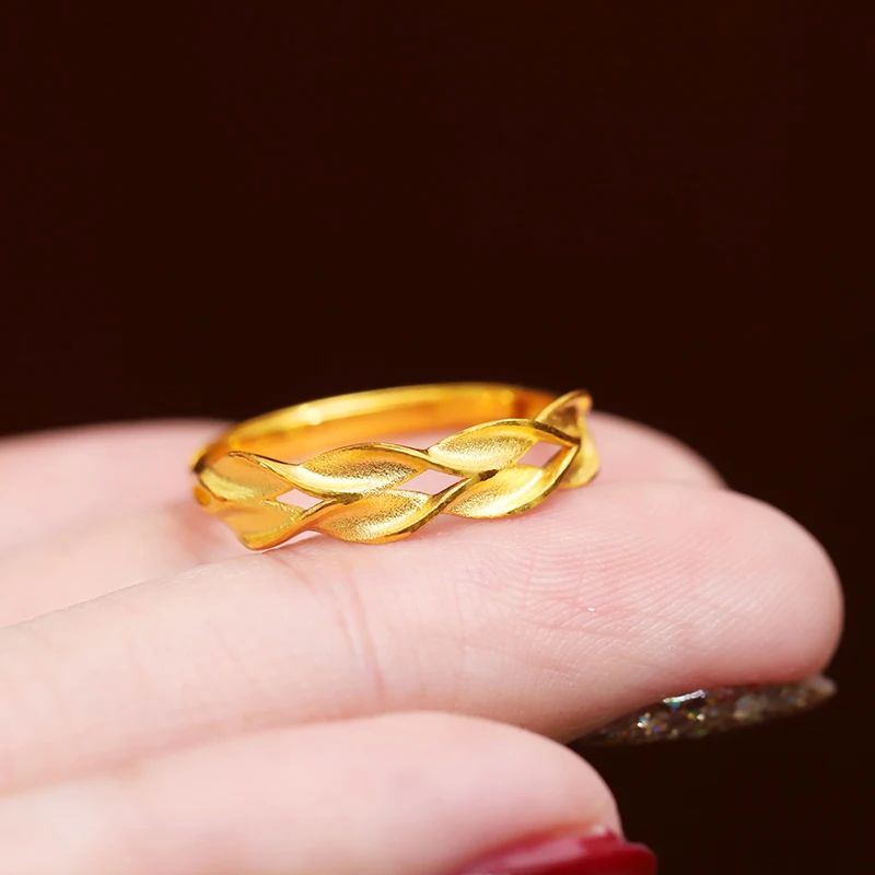 Real 24K Yellow Gold Ring For Women Solid Ear of Wheat Leaf Rings US Size US 5-7 Jewelry Gift