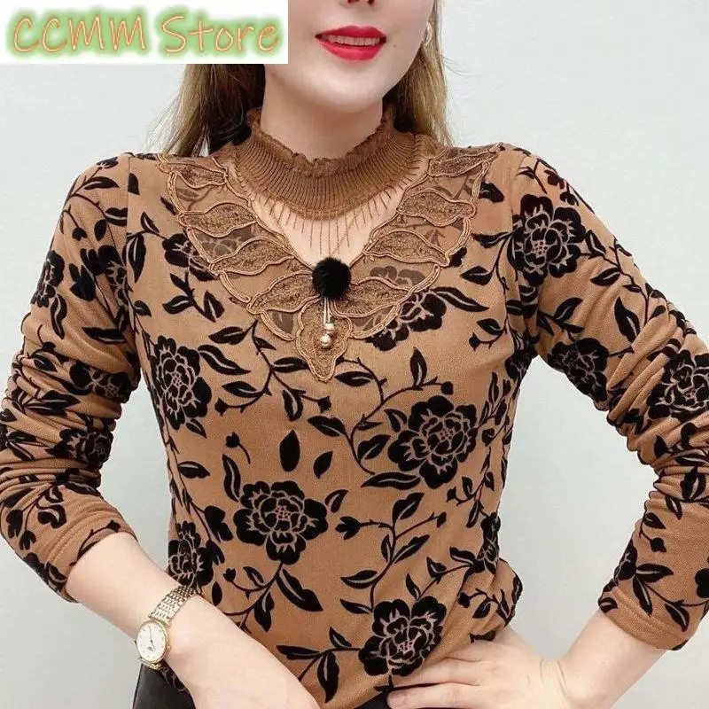 

Female Clothing Half High Collar Shirt Spring Autumn Slim Fashion Lace Spliced Vintage Floral Printed Commute Long Sleeve Blouse