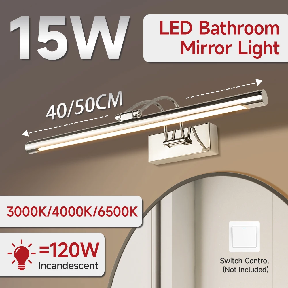 

85-265V LED Mirror Light Waterproof 15W 40/50cm Dimmable 3 Colors Light for Bathroom Makeup Lighting Hanging Mirror Lamps
