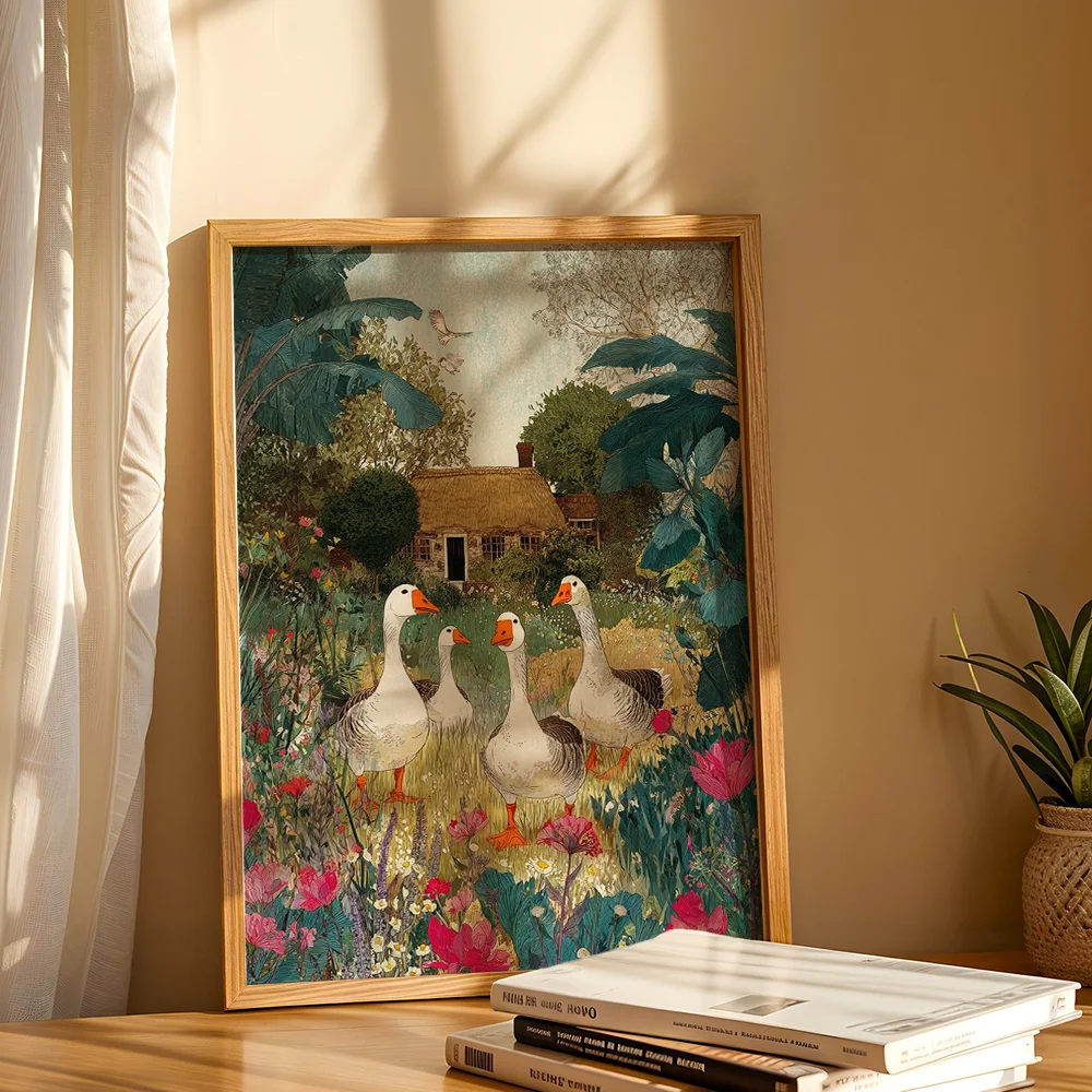 Rural Countryside White Geese Thatched Cottage Floral Canvas Wall Decor Picture, 2D Printed Poster Wall Art, Vintage Home Decor