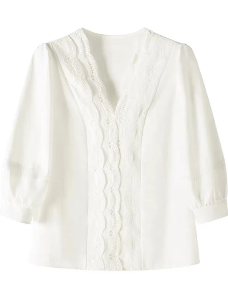 

Simple Design Loose V-Ne Lace irt Women's Skin-Friendly Breathable Long Sve Autumn Faion Casual Top