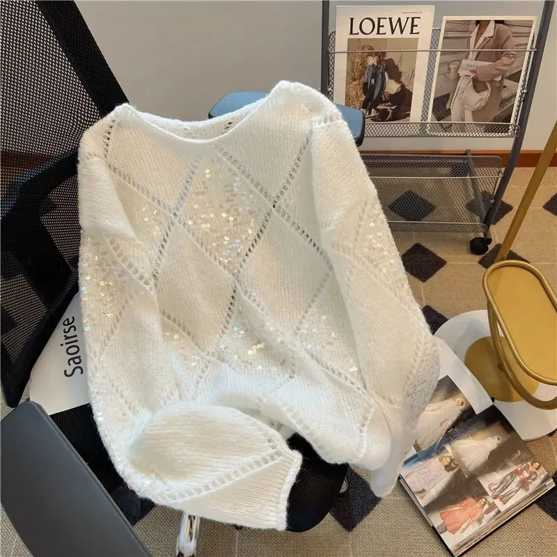 Matakawa Hollow Out Sequins Women Sweaters Korean Fashion Autumn Winter Loose Pull Femme Solid Vintage Thin Ropa De Mujer