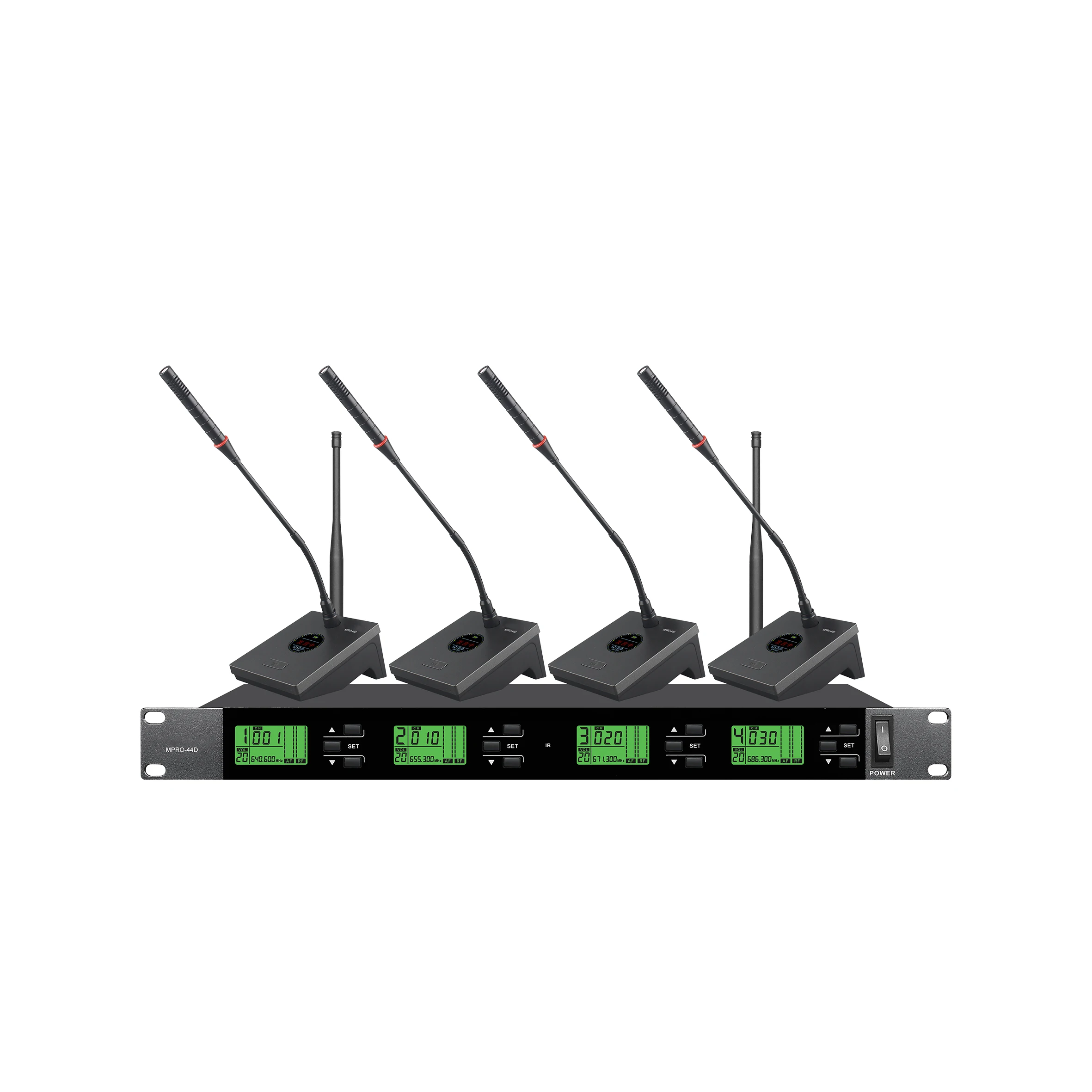 (MPRO-44) 4-Channel Handheld/Desktop/Belt Pack Wireless Microphone System for Singing, Home Audio System, Conference System, etc