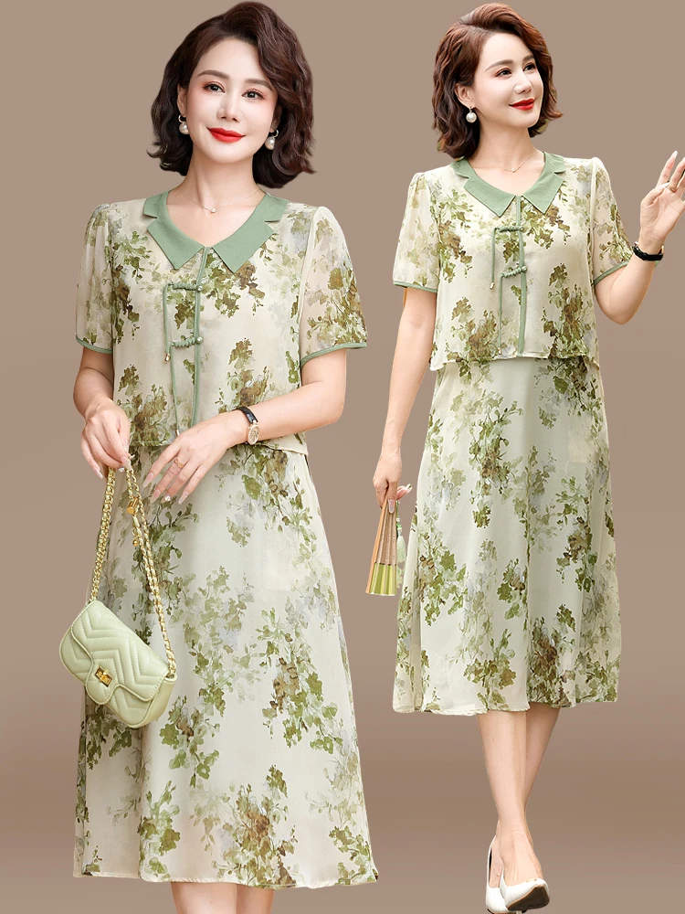 

New Chinese Sle Mom Summer Dr ort Sve Chiffon Skirt 50 Years Old Middle-Aged Women's Faion Slimming Dr