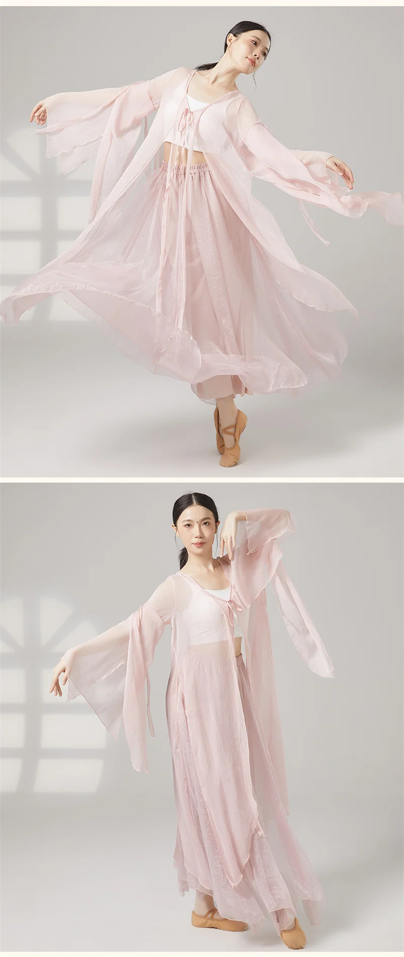 Damen Chiffon-Tanzoberteil für klassischen Tanz, langärmlig, fließend, Vintage-Performance-Kostüm für Erwachsene, Ballett – Detail 4