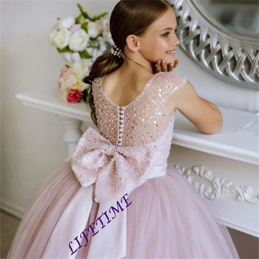 

Customized Flower Girl Dress For Wedding Bowknot Glitter Pearls High Waist Floor Length Kids Birthday First Communion Gown