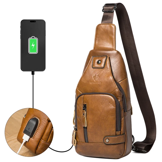 HUMERPAUL męska torba na klatkę piersiowa Usb 100% prawdziwej skóry torby na ramię typu crossbody wielofunkcyjna podróżna torba listonoszka na zewnątrz moda