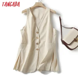 Tangada Women 2024 Beige Cotton Linen Long Waistcoat Buttons Vintage Sleeveless Female Coat 4C127