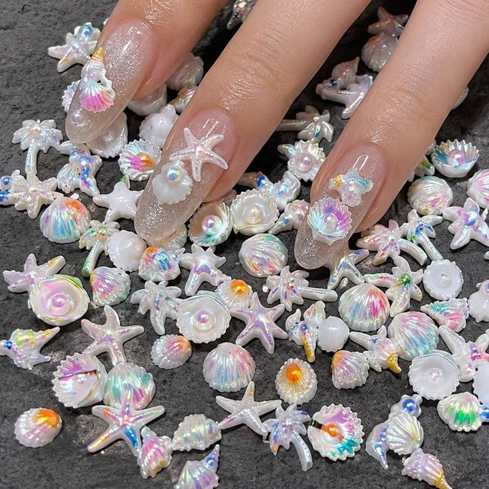 50Pcs Gorgeous Holographic Sea Shells Nail Charms Mixed Shimmering Iridescent Nail Decor Lovely Beach Fantasy Kit Nail Supplies