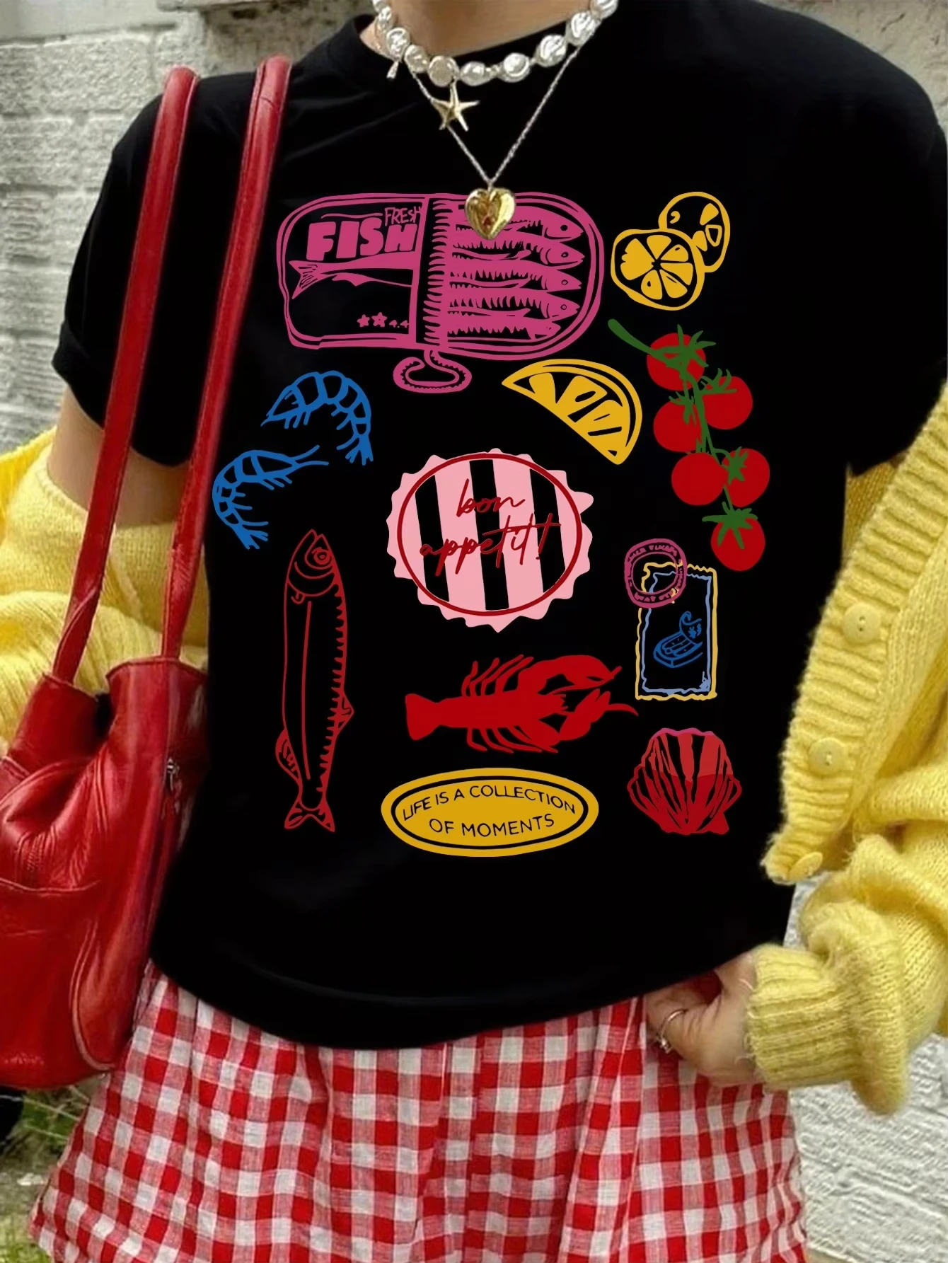 Seafood Fruit Pattern Print Fashion Y2k T-shirt Casual Loose Graphic Print T Shirts Daily Streetwear Print Tee Unisex