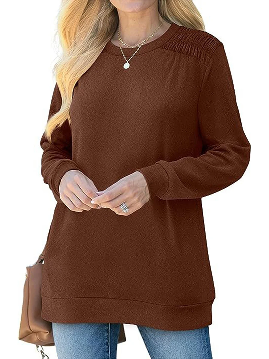 Women's Spring and Autumn Solid Color Pocket Long Sleeve Sweatshirt Loose Sports Shirt Long Sleeve Round Neck Solid Color Hoodie