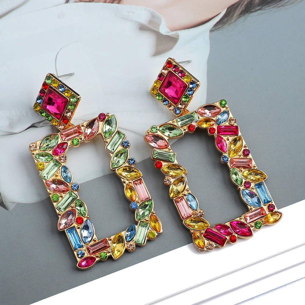 Fashion Boho Multicolor Square Drop Dangle Earrings For Women Popular Unusual Crystal Wedding Party Pendant Statement Jewelry