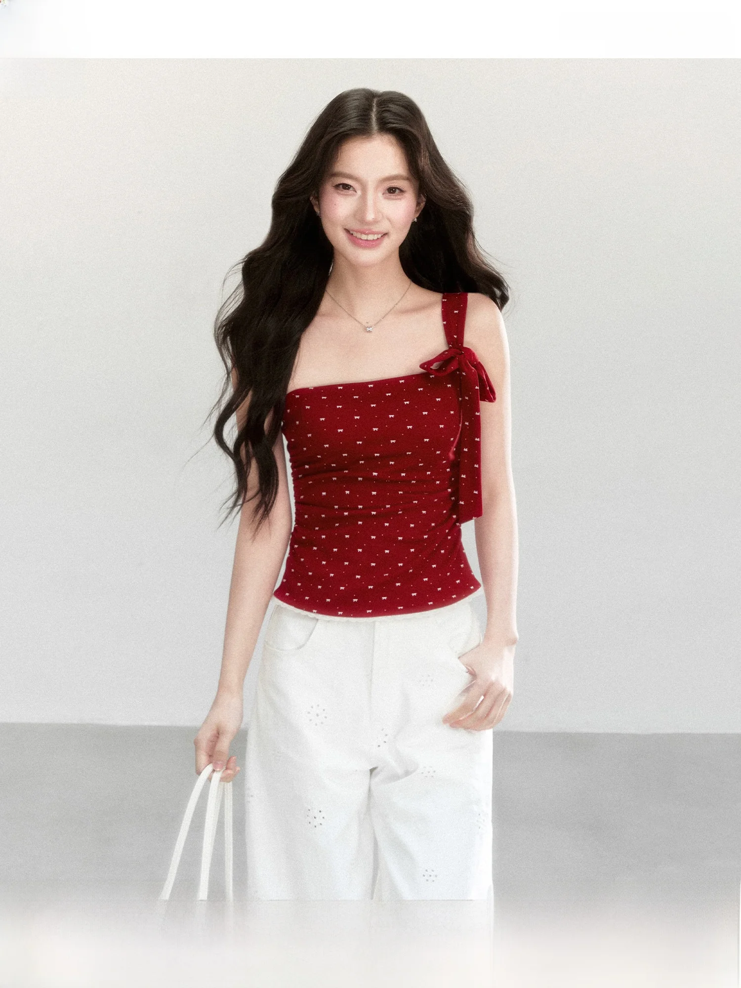 QDQD Sweet Girl Red Polka Dot Bridesmaid Summer New Folded Waist Slim Design Short Vest Women's H-Shape Tank Top without Ches...