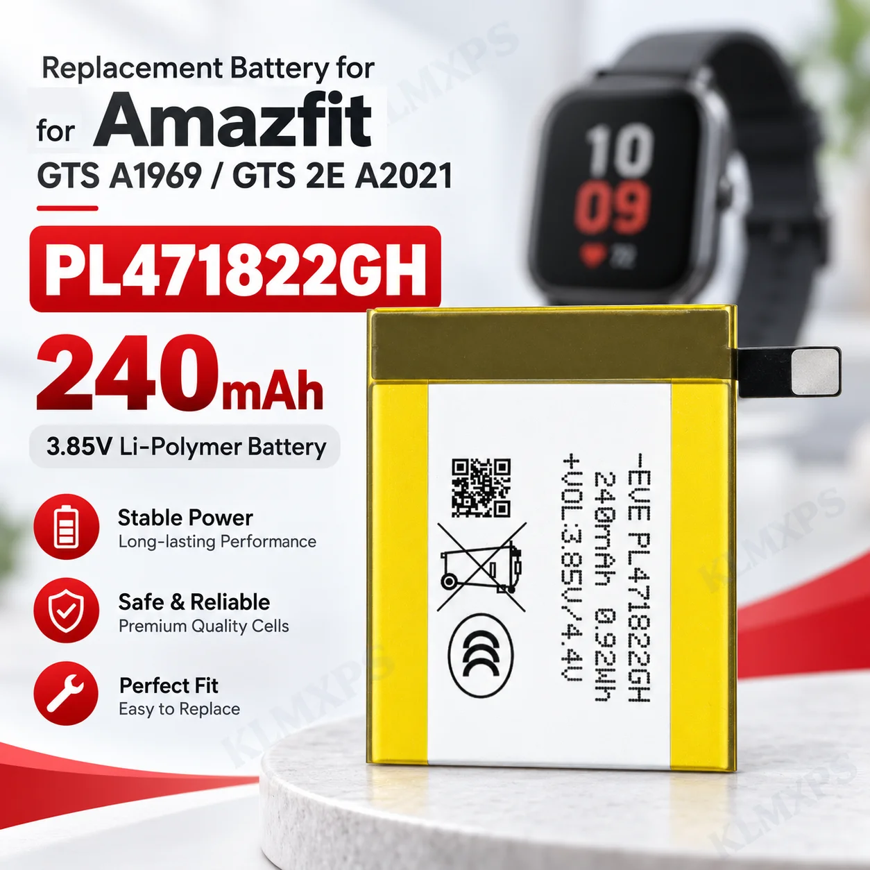 PL471822GH Battery 3.85V 240mAh Lithium Polymer Replacement Battery for Amazfit GTS A1969 GTS 2E A2021 Smart Watch Repair