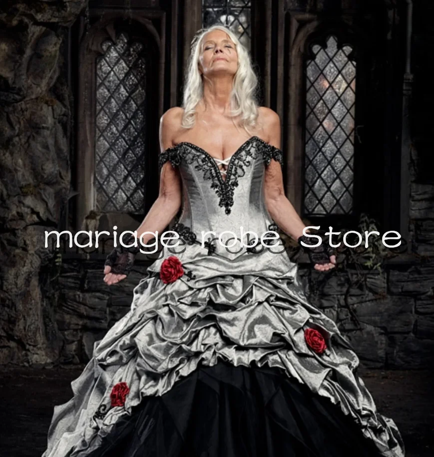 Silber Schwarz Gothic Viktorianische Brautkleider Floral Off Shoulder Korsett Steampunk Brautkleid Hochzeitskleid maßgeschneidert