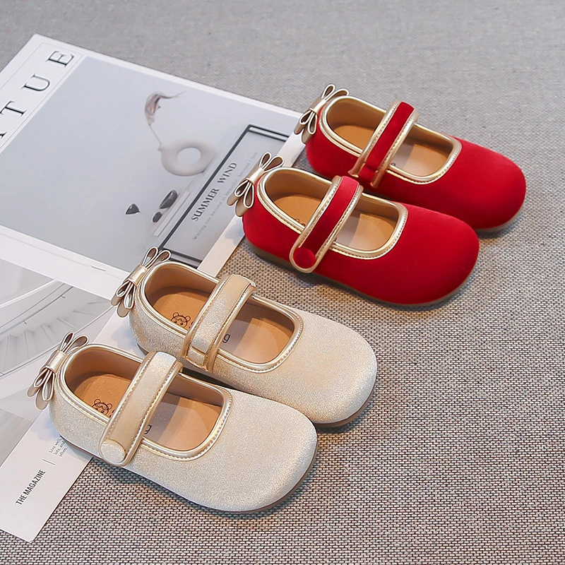 Girls Leather Shoes Sweet Back Bows Kids Princess Dance Dress Shoes Versatile 2026 New Children Casual Shoes Round Toes Cute