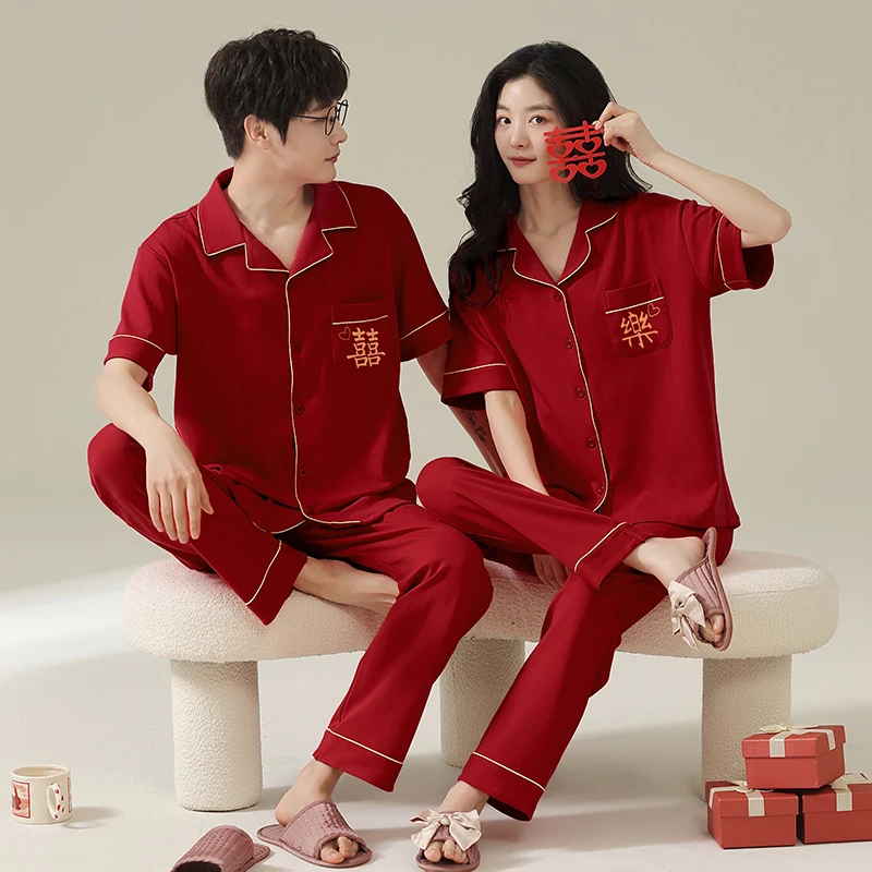 Red Color Cotton Couple Pajamas Summer Soft Cardigan Pyjamas Female Short Sleeve Long Pants Men Casual Home Wear Pijamas Hombre