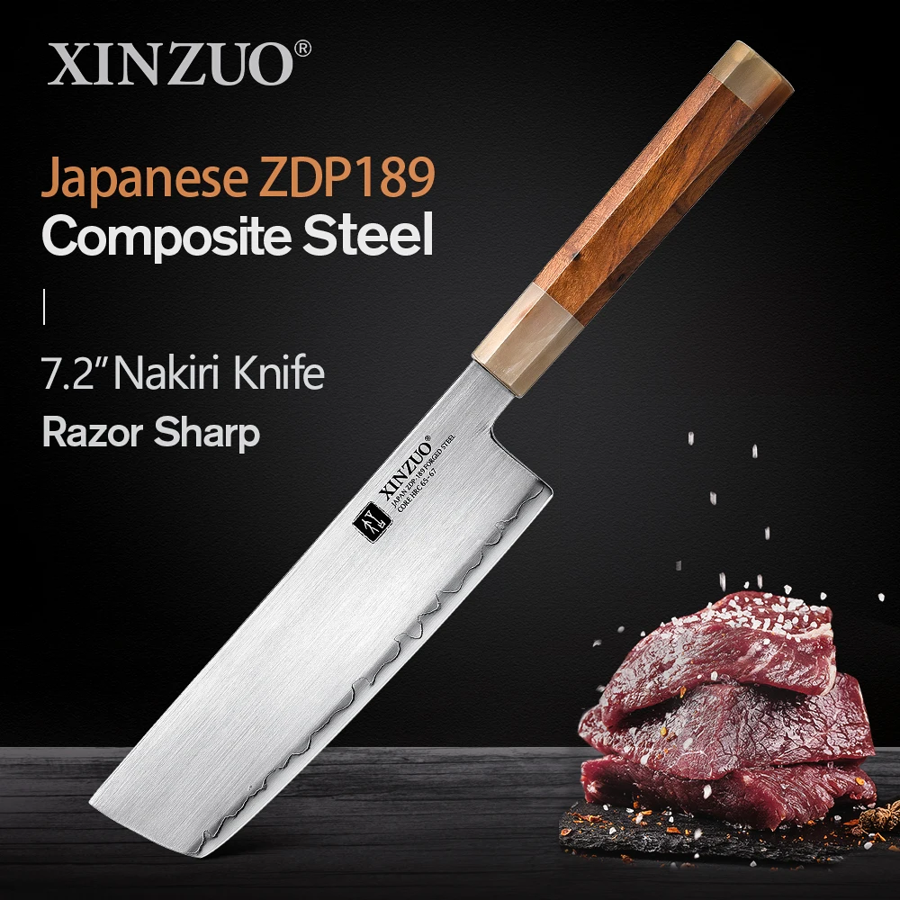 XINZUO 7.2 Inch  Nakiri Knife Japanese ZDP189 Composite Steel Desert lron Wood +White Bull Horn Handle Kitchen Knife Gift Box