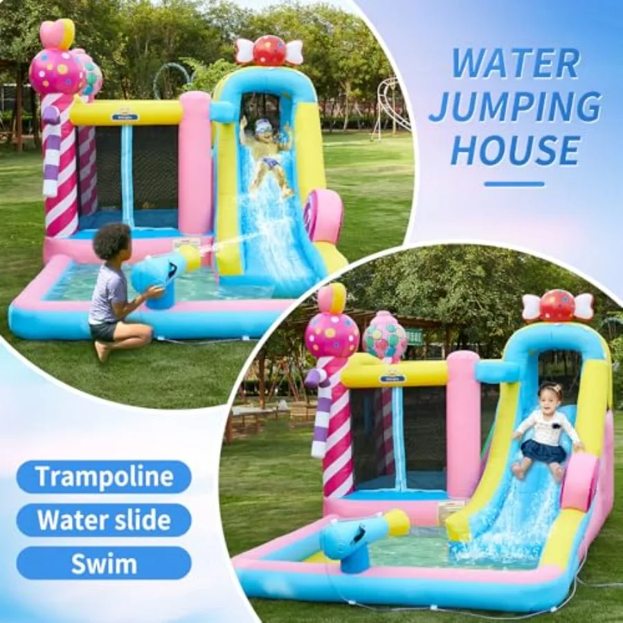 5-in-1 inflatable water slide for backyard birthday parties: PVC, blue, includes air blower, jumping area, sprinkler, water can