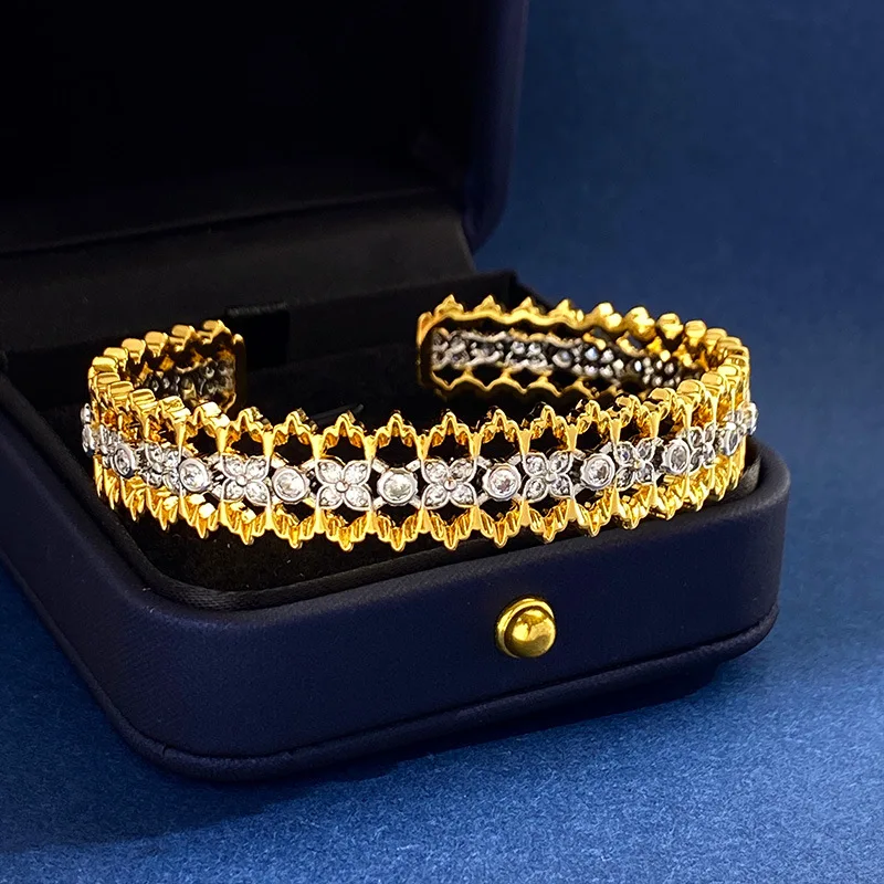 Bucci Style Italian Luxury Vintage Texture Engravig Bangles for Women Two-tones Gold Hallow Lace Cuff Bracelet Anniversity Gifts