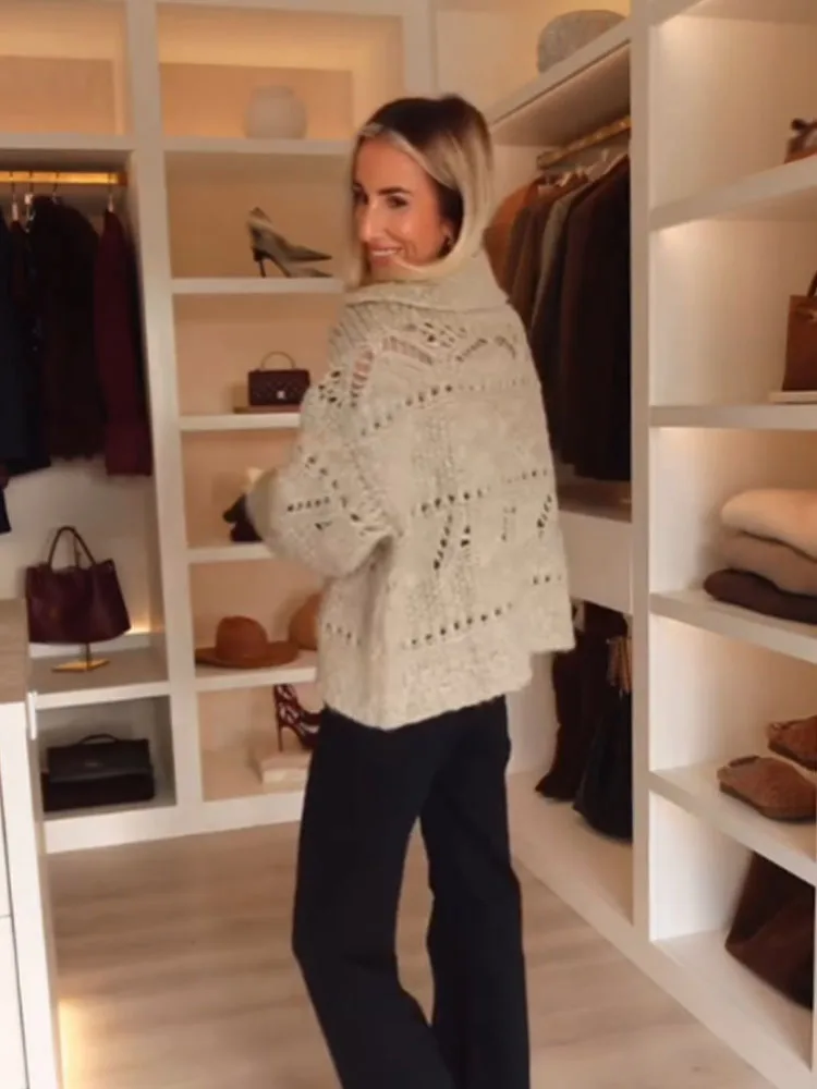 HH レディース秋ファッションニットトップス無地折り返し襟長袖透かし彫りシングルブレスト女性カジュアルカーディガン