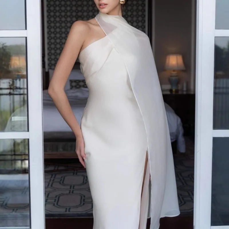 Vestido maxi de cetim elegante para mulheres, sem costas, com cadarço, slim fit, sexy, festa, noite, vestidos longos