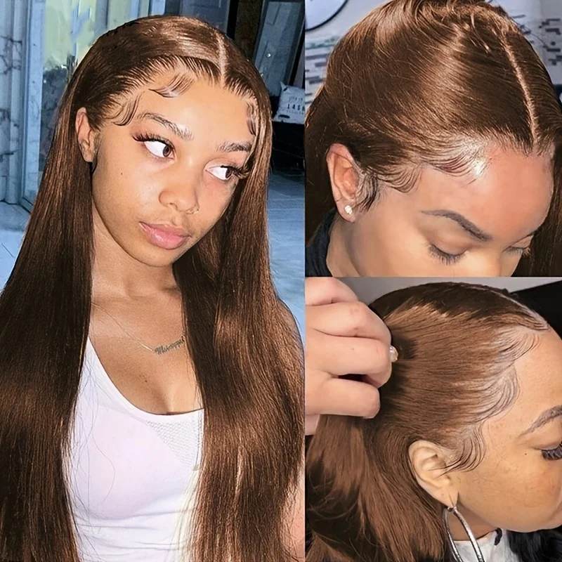 

Парик из натуральных волос 13x4, шоколадно-коричневый, прямой, с HD-кружевом, 34 дюйма, с предварительно выщипанными линиями роста волос # 4 цветных парика из натуральных человеческих волос