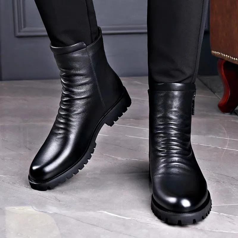 High Quality Men's High Top Boots Genuine Leather Boots Business Boot Fashion Casual Dress Boot Plush Warm Winter Boots for Men