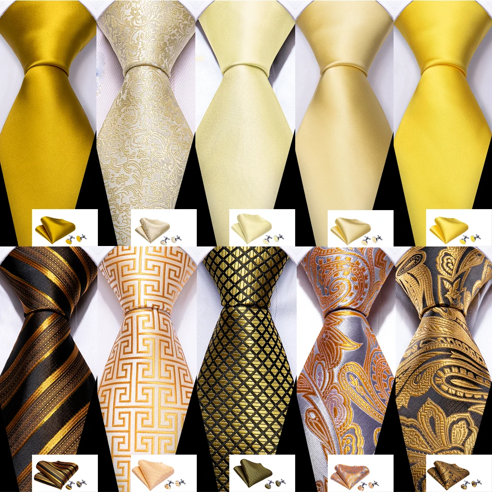 Fashion Silk Men Tie Set Gold Yellow Orange Solid Paisley Striped Plaid Floral Necktie Pocket Square Cufflinks Wedding Business