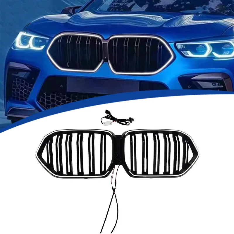For BMW X6 G06 2020-2022 Dual Line Illuminated LED Gloss Black Front Grille Kidney Grill Glow Night Light Upgrade Modification