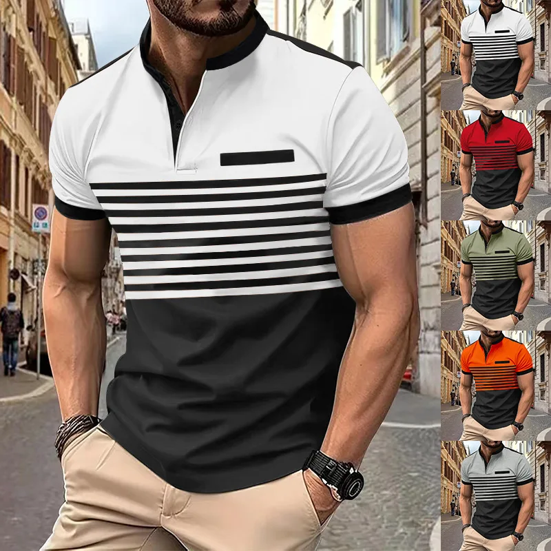 Men's Striped Polo Shirt Casual Color Block Short Sleeve Lapel Stand Collar Polo Shirt Summer Golf Shirt European Measurement