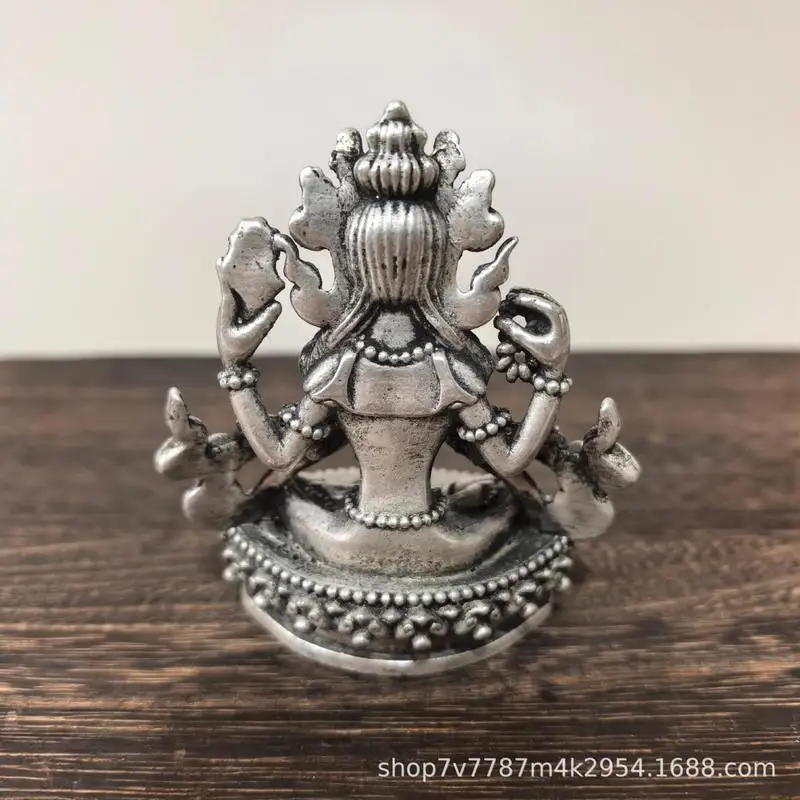 Antique Brass Craftwork Silver-Plated Four-Armed Guanyin Statue Home Decorative Ornament