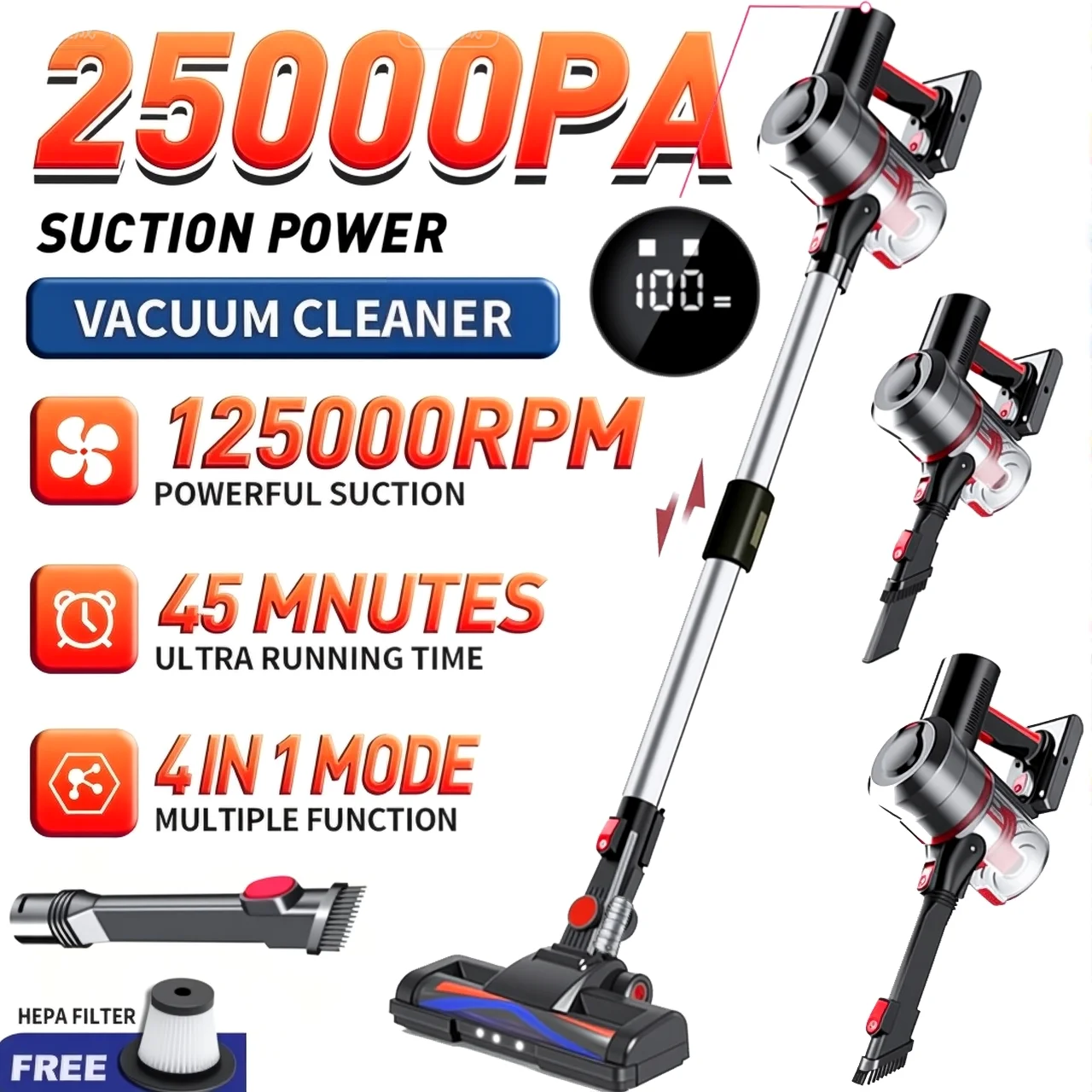 KOVOKI 25000Pa/35Min Rechargeable Vacuum Cleaner Cordless, Cordless Vacuum Cleaner Super Quiet, Powerful Cordless Stick Vacuum
