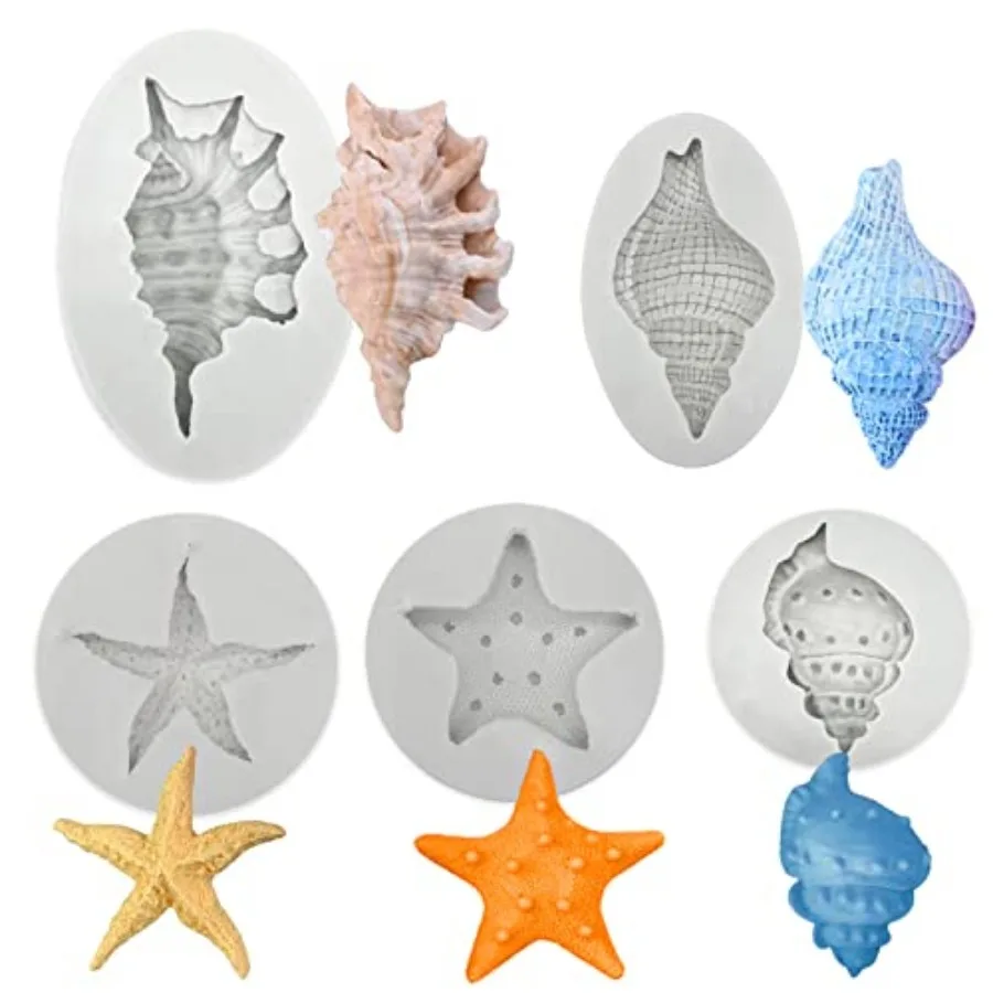 5 Pcs Seashell Starfish Silicone Mold Cake Fondant Silicone Mold Seashell Conch Baking Moldsfor DIY Cake Decoration Chocolate C