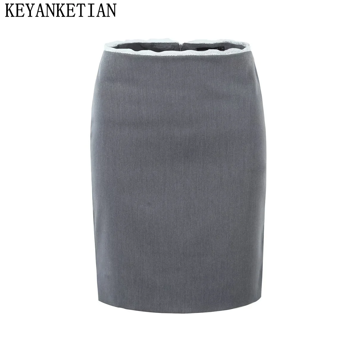 

KEYANKETIAN 2024 New Launch Lace Decoration Back Zipper High-Waisted Slit Straight Skirt Women's Xshape Grey Mid-Length Skirt