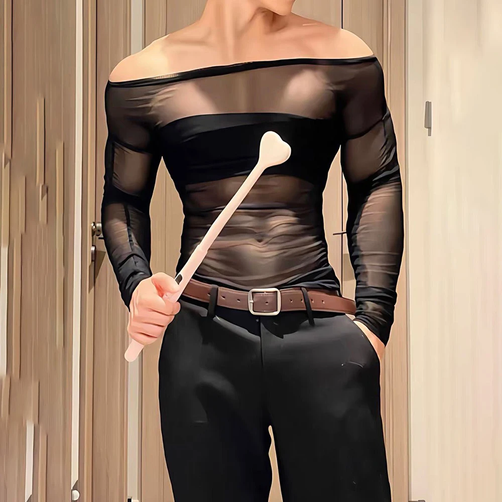 Winter New Men's Patchwork Sheer Long-Sleeve T-Shirt Sexy American Retro Fashion Trendy High Street Slim Casual Niche Men's Top