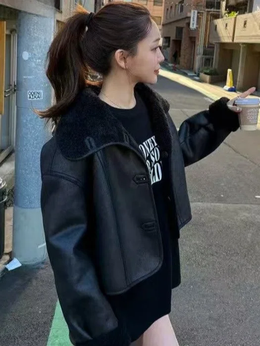 Retro hong kong sle chique dupla face usar pele ecológica couro ort jaet feminino inverno casaco de pele de cordeiro