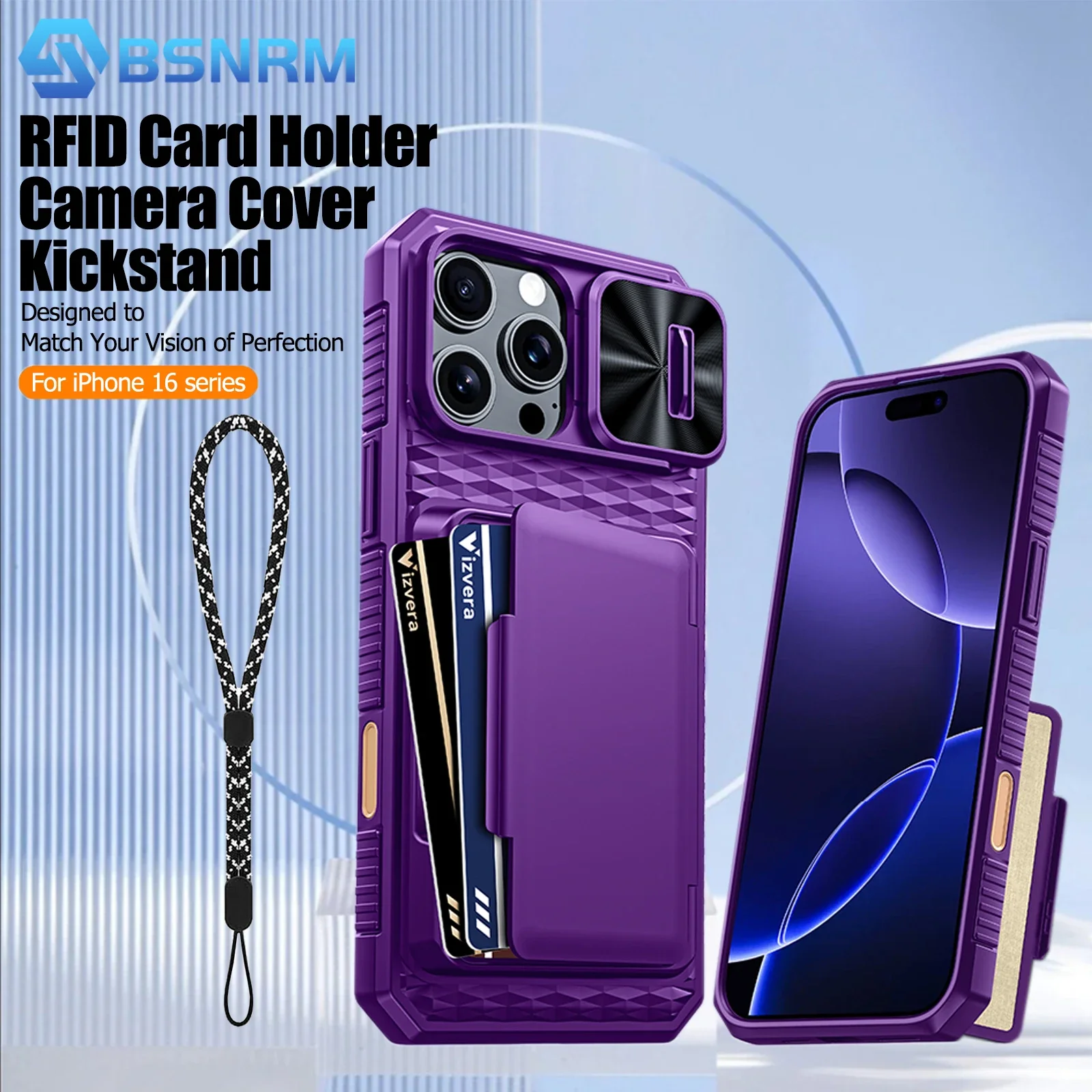 

Держатель для карт RFID-кошелька, чехол для камеры, прочный противоударный силиконовый защитный чехол для всего тела для iPhone 16 Pro Max-фиолетовый