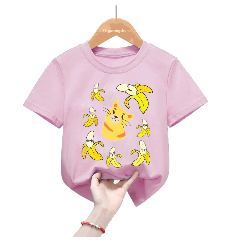 

Lovely Banana Cat Print Pink T Shirt Girls Funny Kids Clothes Summer Fashion Short Sleeve T-Shirt Harajuku Kawaii T-Shirt