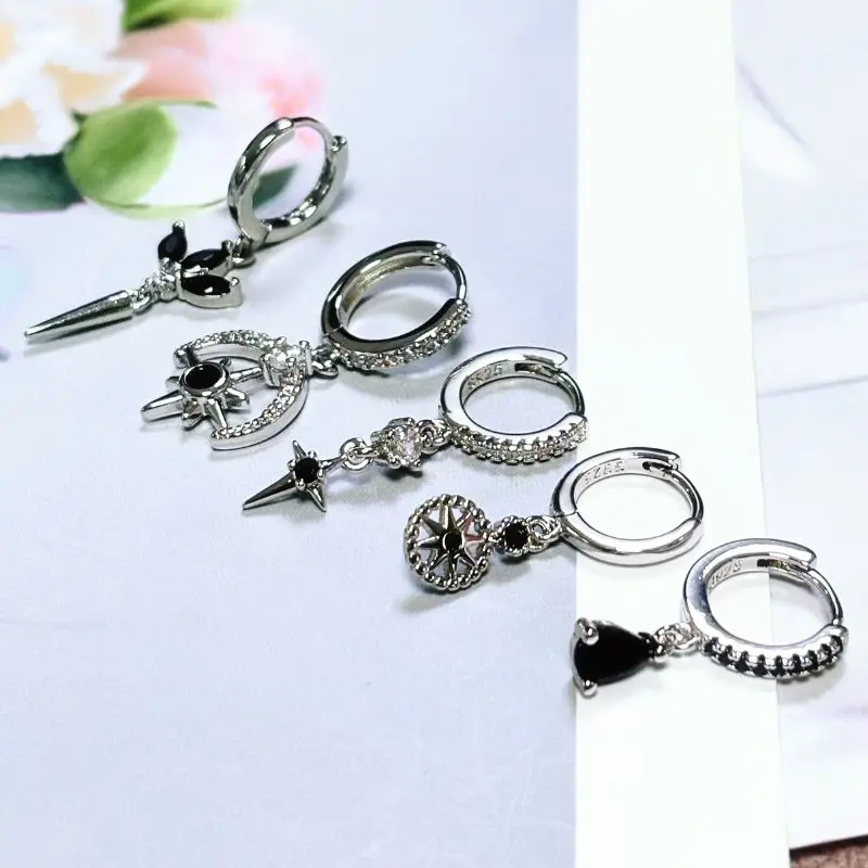 925 Sterling Silver Ear Needle Silver black zircon earrings for women ins Geometric earrings Fashion High Jewelry accessories