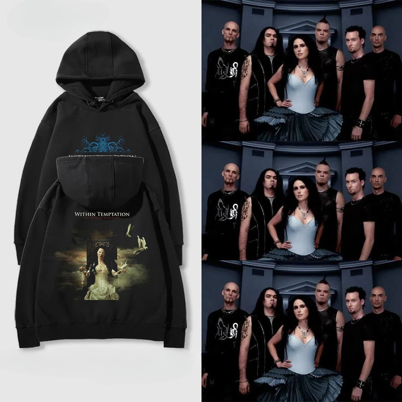 

Temptation Gothic Metal Band Surrounding Print Hooded Sweatshirt for Men Trendy Loose-Fitting Coat