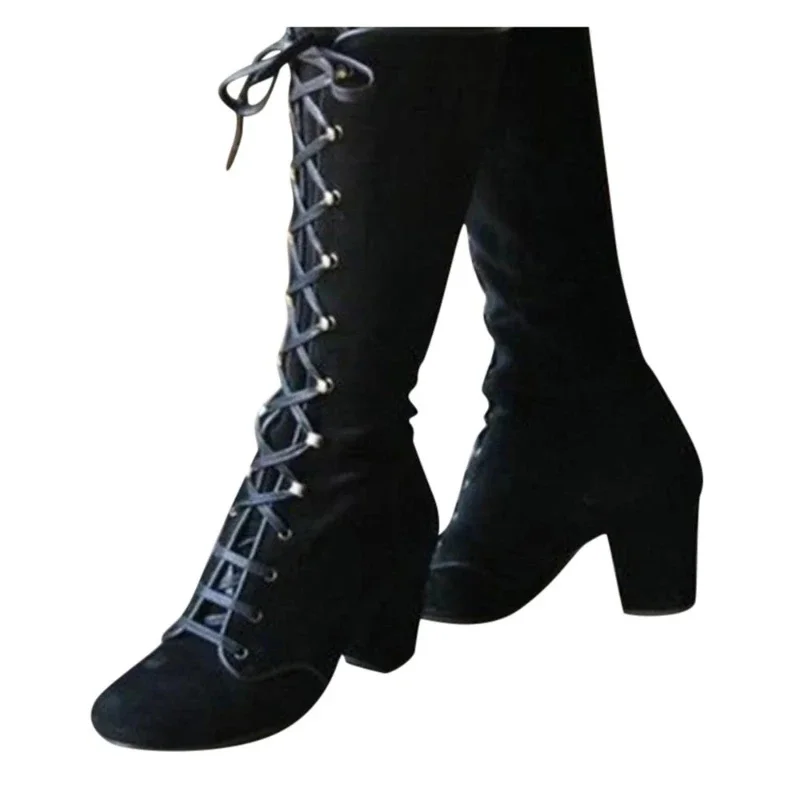 2024 Black Boots Women Shoes  Knee High Women Casual Vintage Retro Mid-Calf Boots Lace Up Thick Heels Shoes