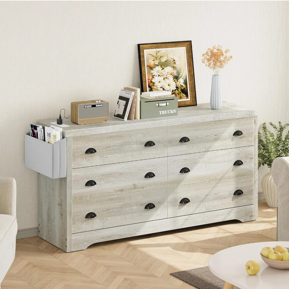 Dresser for Bedroom 6 Drawer with Charging Station, TV Stand Storage Chest of Drawers for Living Room MDF Board, 59 Inches